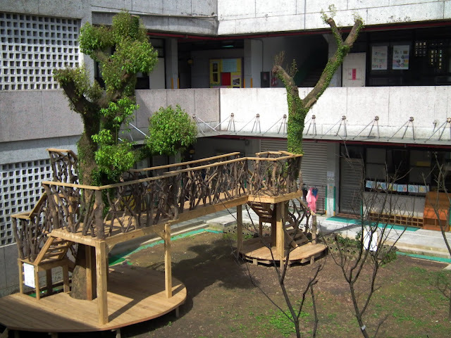 幼兒園的樹屋平台，圍繞校園樟樹建設讓小朋友可以在樹蔭下盡情嬉戲